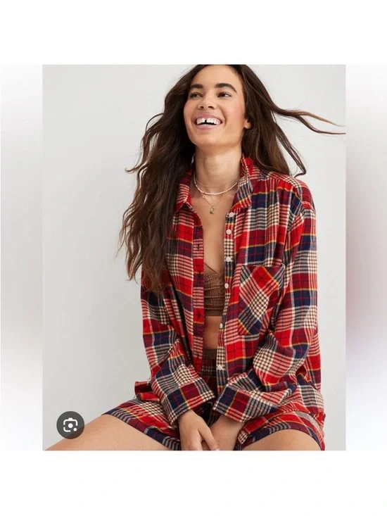 aerie Red Plaid Button-Up Shirt with Navy and Cream Accents - Picture 1 of 4